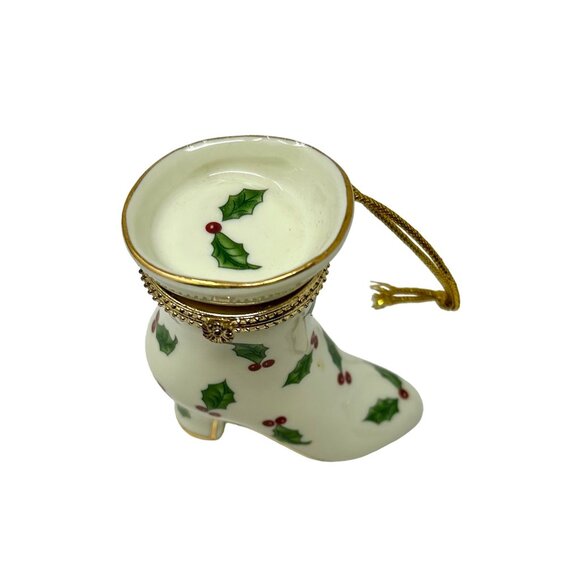 Porcelain Victorian‎ Shoe Christmas Ornament & Trinket Box with Holly & Berries - Picture 2 of 8